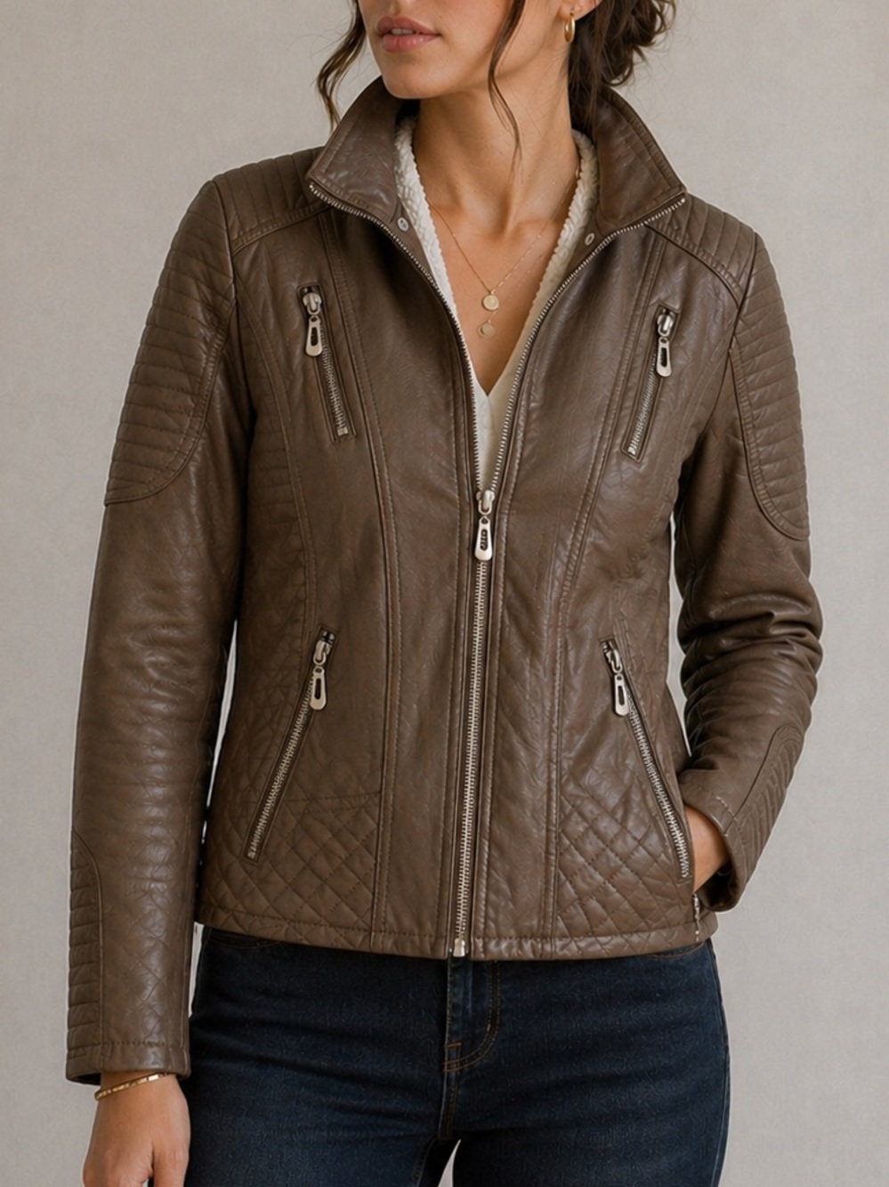 YMI Brown Faux Leather Moto Sherpa Lined Jacket